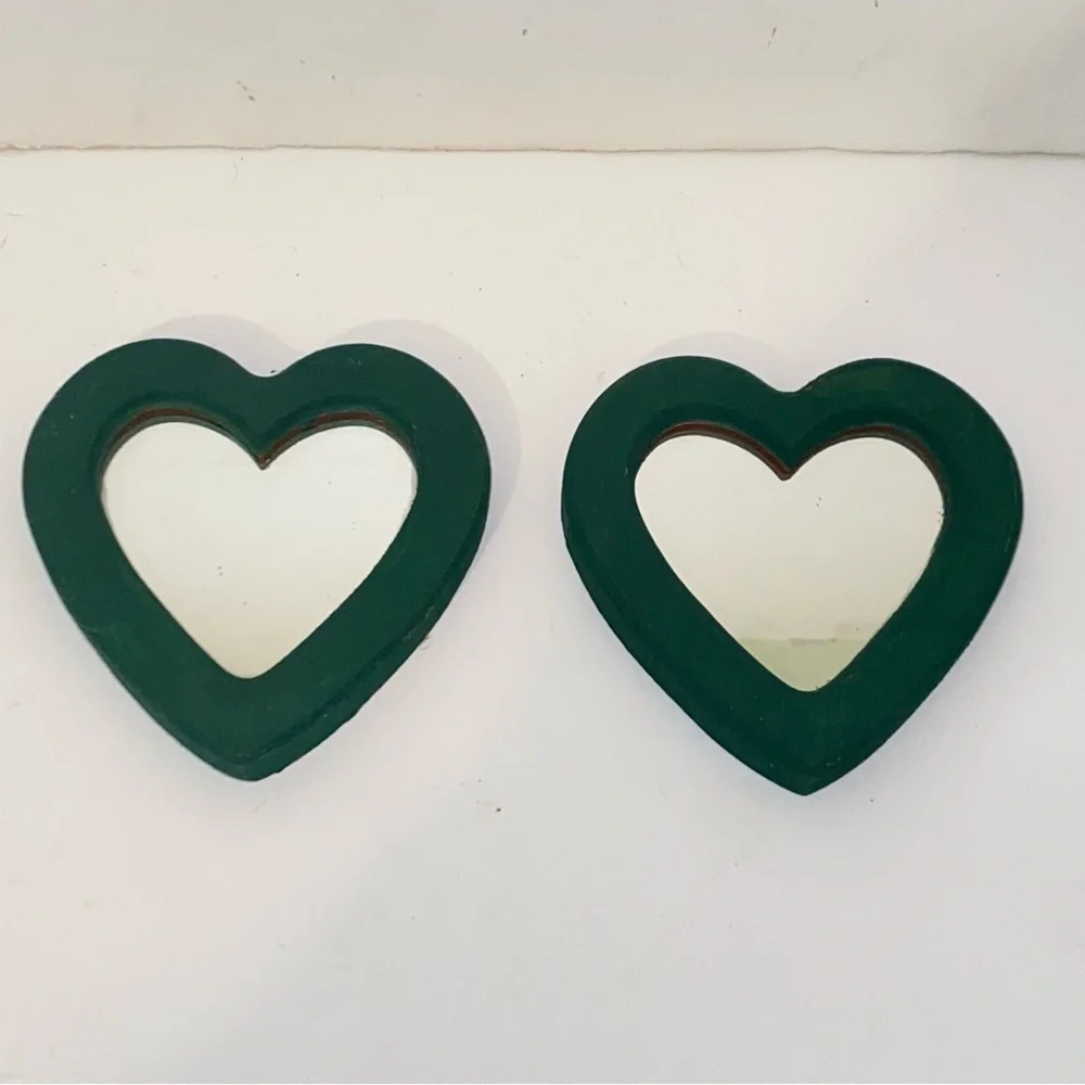 Vintage Hunter Green Painted Wooden Heart Shaped Accent Mirrors Set of 2